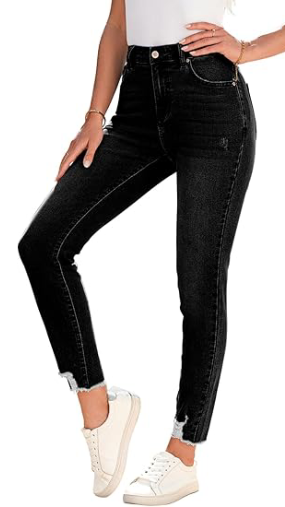 Ripped Shaping Skinny Jeans Distressed Raw Hem Stretchy Denim Pants